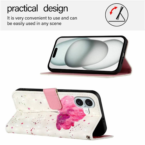 iPhone 16 Konstläder Plånboksfodral Printing Pattern Med Rem Rosa