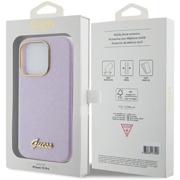 Guess iPhone 15 Pro Max -puhelinkuori Glitter Glossy Script - Lila Lila