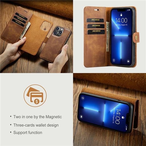 DG.MING iPhone 15 Pro Plånboksfodral Äkta Läder 2in1 - Brun Brun