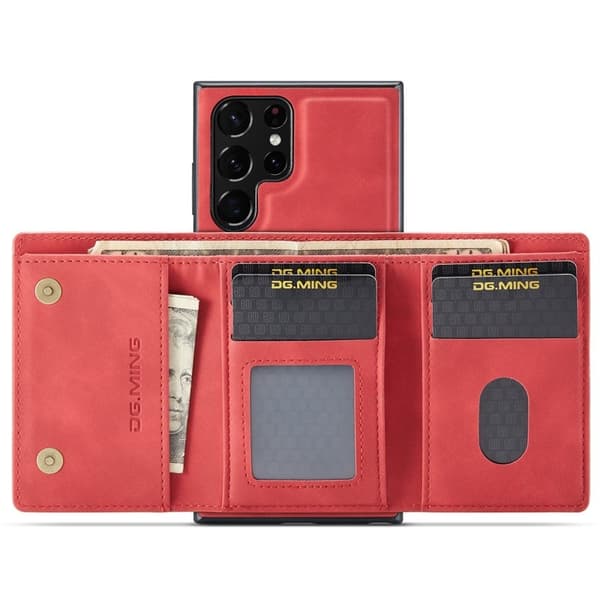 DG.MING 2-in-1 Konstläder Plånboksfodral Samsung Galaxy S22 Ultra Röd