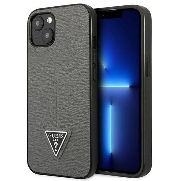 GUESS iPhone 14 Plus -kotelo Saffiano Triangle Logo - hopea Silver