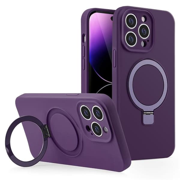 Mobilskal för iPhone 15 Pro Max Liquid Silikon Magnetisk Kickstand - Plum Lila