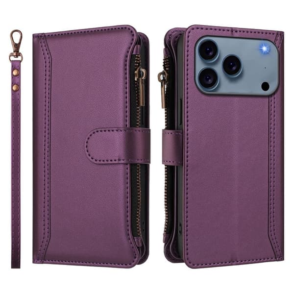 iPhone 17 Pro Plånboksfodral Zipper Med Rem - Lila Lila