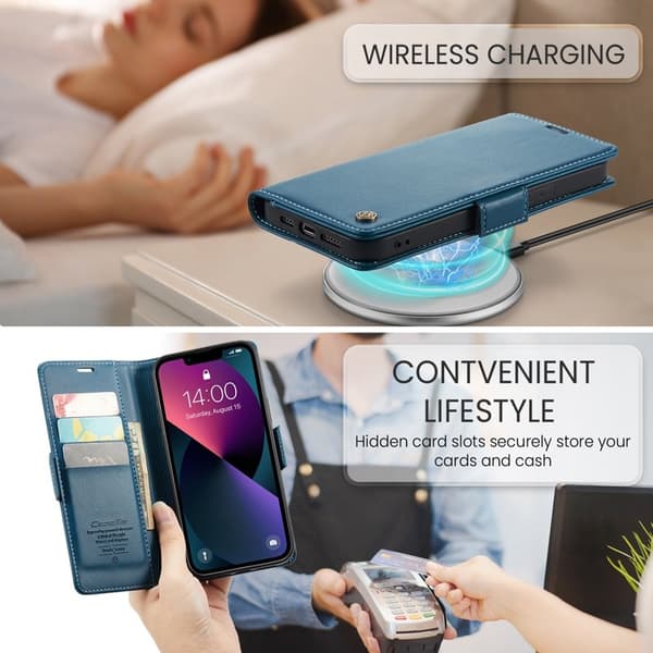 CASEME Plånboksfodral Konstläder för iPhone 14 RFID-Skydd Blå