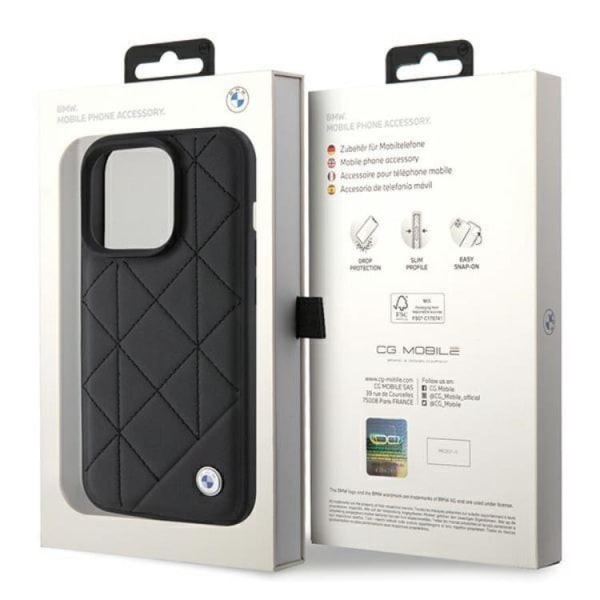 BMW iPhone 15 Pro Max matkapuhelimen suojakuori, nahkainen tikattu - musta