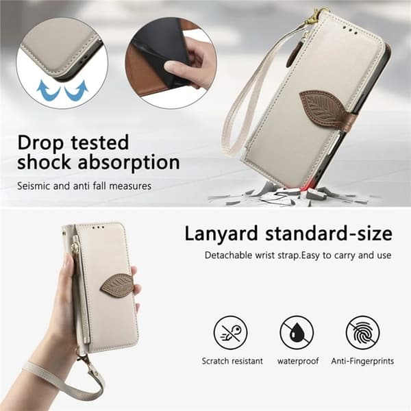 iPhone 17 Pro Plånboksfodral Leaf Magnetiskt Spänne Konstläder - Beige Beige
