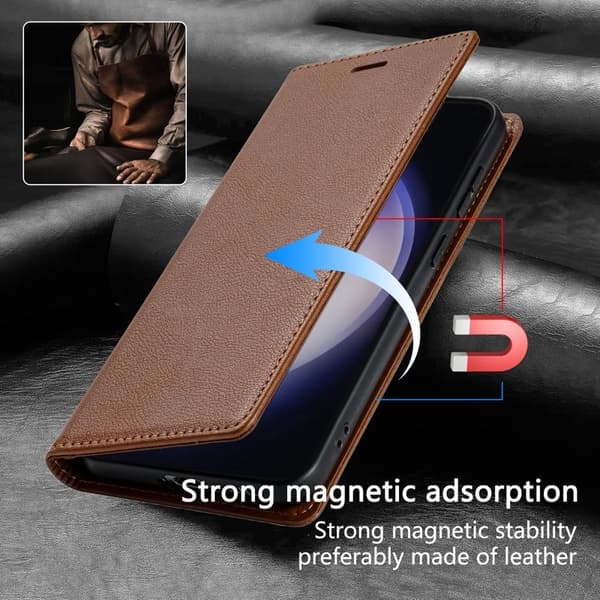 Samsung Galaxy S26 Plus Plånboksfodral Magnetisk Stängning Konstläder - Brun