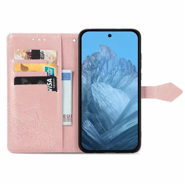 Google Pixel 10/10 Pro Konstläder Plånboksfodral Mandala Flower - Roséguld Roséguld
