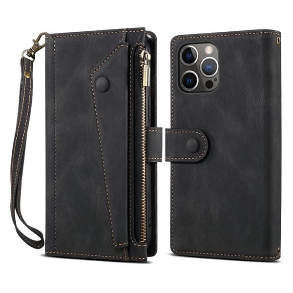 iPhone 14 Pro Max Plånboksfodral Flap Zipper Strap - Svart Svart