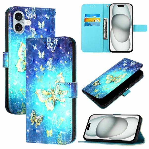 iPhone 16 Plus Plånboksfodral Printing Pattern Med Rem Blå