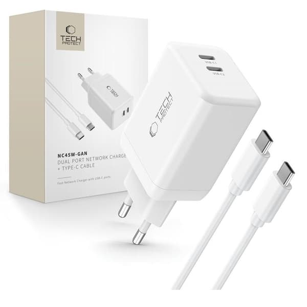 Tech-Protect NC45W-GAN 2-Port Snabbladdare PD 45W + Typ-C Kabel Vit