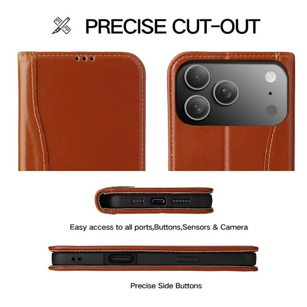 FIERRE SHANN iPhone 17 Pro Plånboksfodral Äkta läder - Brun