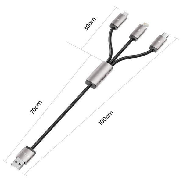 Tech-Protect 3in1 USB-A Till Lightning/Type-C/Micro-USB 1m - Grå