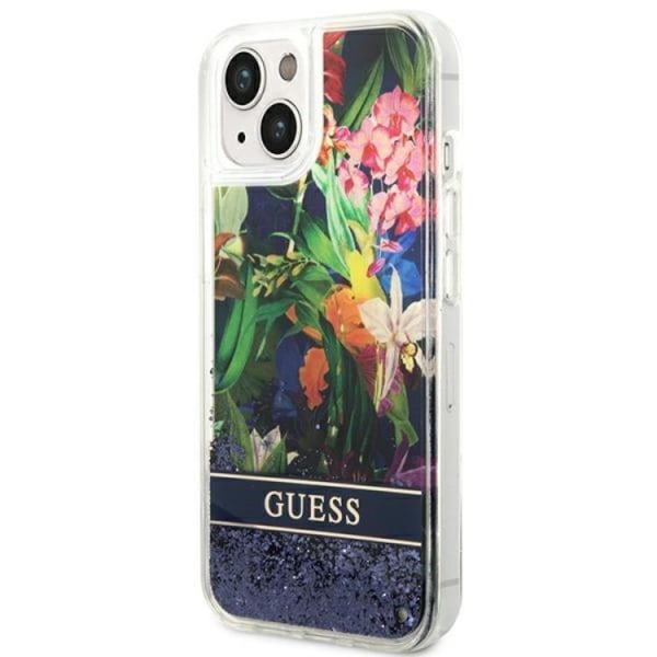 GUESS iPhone 14 etui Flower Liquid Glitter - Blå