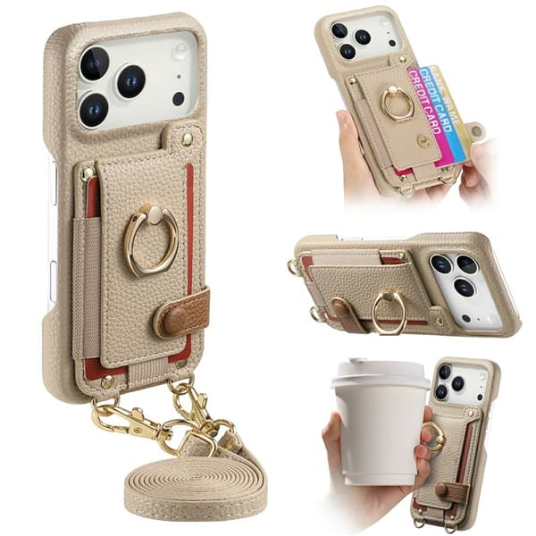Mobilskal till iPhone 17 Pro Max med Korthållare Ring Kickstand - Khaki Beige