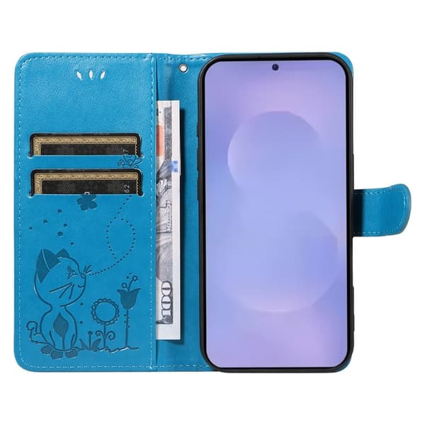 Samsung Galaxy S26 / S26 Pro Plånboksfodral Konstläder Cat Bee Mönster - Blå
