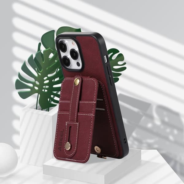 ABEEL Style 03 Mobilskal för iPhone 15, Läder TPU+PC, Purplish Röd