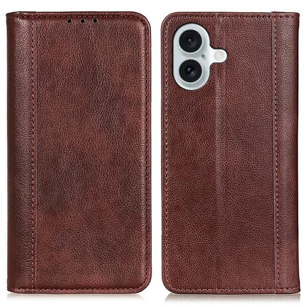 iPhone 17 Plånboksfodral Äkta Läder Litchi - Brun Brun