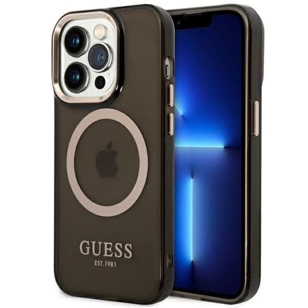 GUESS iPhone 14 Pro Etui MagSafe Gold Outline Gennemsigtig - Sort Black