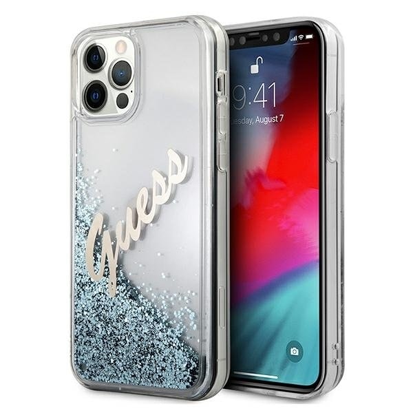 Guess iPhone 12 Pro Max Skal Glitter Vintage Script - Blå Blå