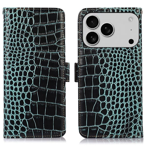iPhone 17 Pro Plånboksfodral Äkta Läder Crocodile - Grön Grön