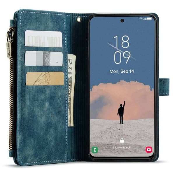 CASEME Konstläder Plånboksfodral för Samsung Galaxy S23+ med rem - Blå
