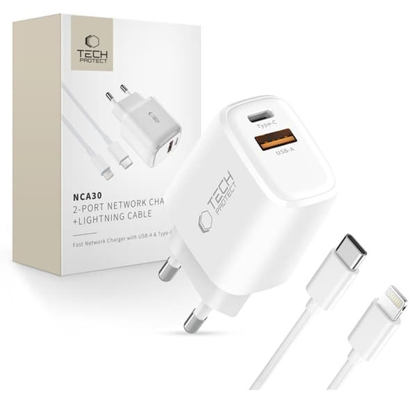 Tech-Protect Väggladdare 20W med USB-C Till Lightning Kabel - Vit Vit