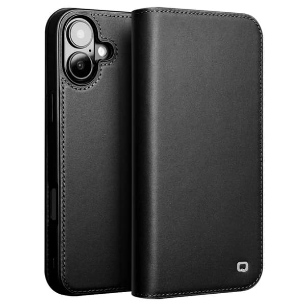 QIALINO iPhone 16 Plånboksfodral Äkta läder - Svart Svart