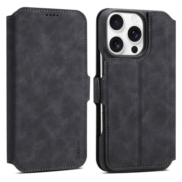 DENIOR B07 iPhone 16 Pro Max Plånboksfodral Konstläder Magnetiskt Svart