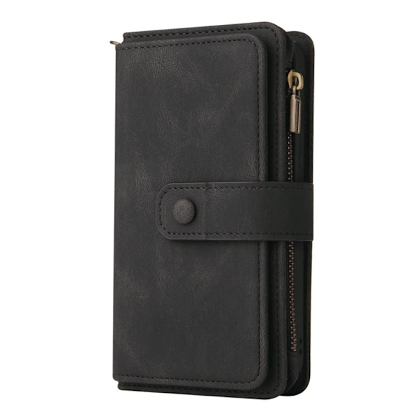 iPhone 17 Konstläder Plånboksfodral Zipper Rem Svart