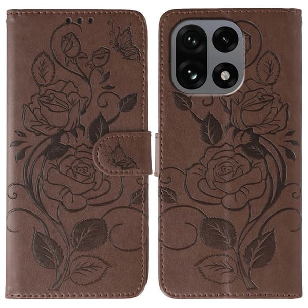 OnePlus 15 5G Konstläder Plånboksfodral Imprinted Rosa Butterfly - Brun Brun