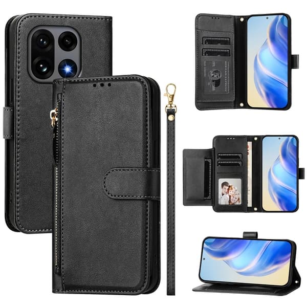 OnePlus 15 Plånboksfodral Zipper Pocket Multiple Konstläder Svart