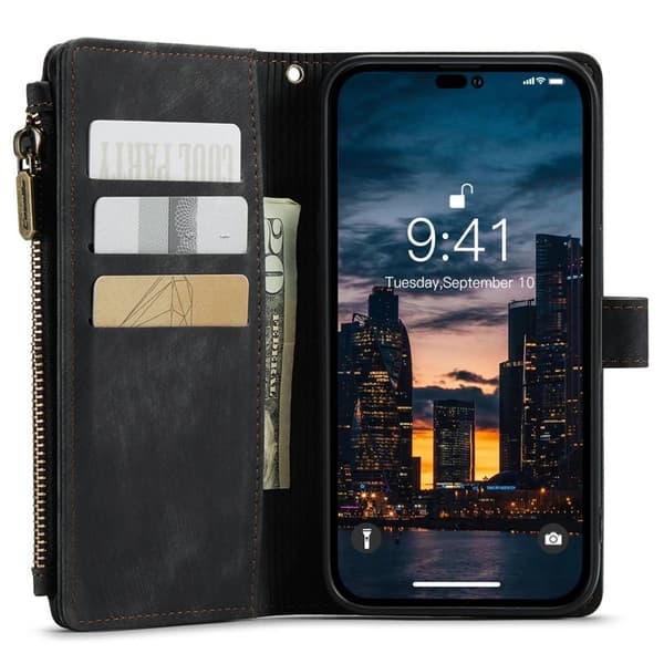 CASEME Konstläder Plånboksfodral för iPhone 14 Pro Max med Rem - Svart