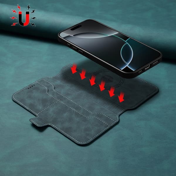 DENIOR B06 iPhone 16 Pro Plånboksfodral Magnetiskt Löst Konstläder Blå