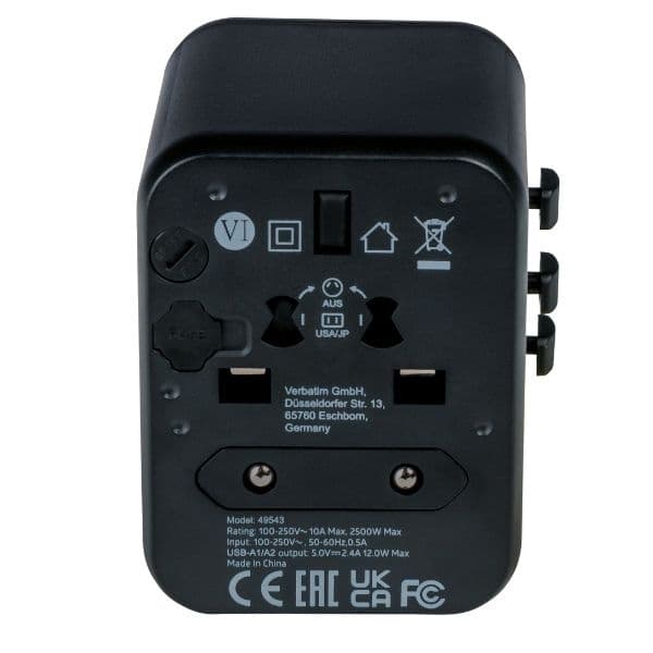Verbatim Rejselader 2xUSB-A EU/UK/US - Sort Svart