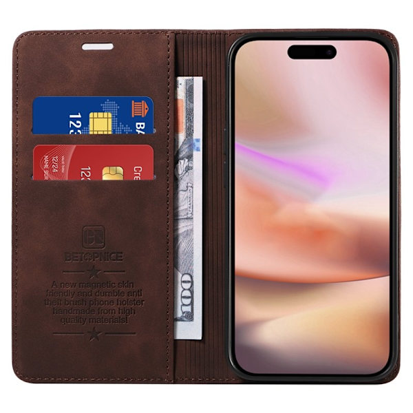 BETOPNICE 003 iPhone 16 Plus Plånboksfodral RFID Blocking Konstläder - Brun
