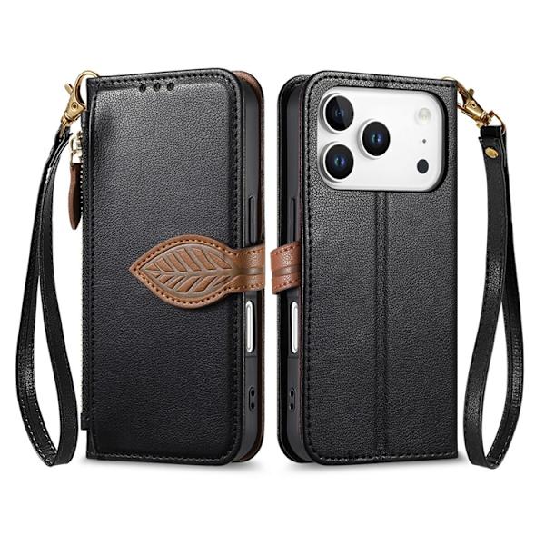 iPhone 17 Pro Plånboksfodral Leaf Magnetiskt Spänne Konstläder Svart