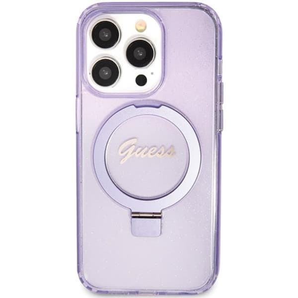 Guess iPhone 15 Pro Max -puhelinkotelo Magsafe Script Glitter Lila