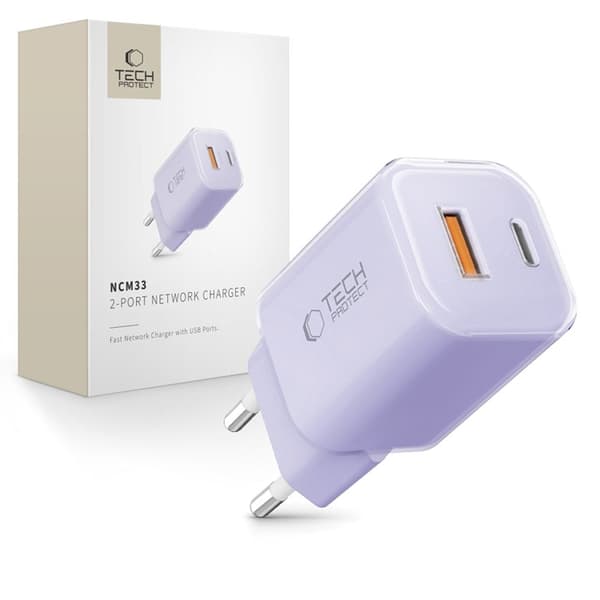 Tech-Protect Vægoplader USB-A Til USB-C 33W - Baby Lilla Svart