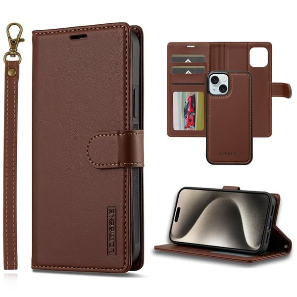 LC.IMEEKE L2 Series iPhone 15 Plånboksfodral Konstläder - Brun