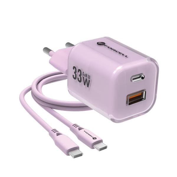 Forcell Hurtigoplader USB-A/USB-C 33W USB-C-kabel GaN III PD QC Lila