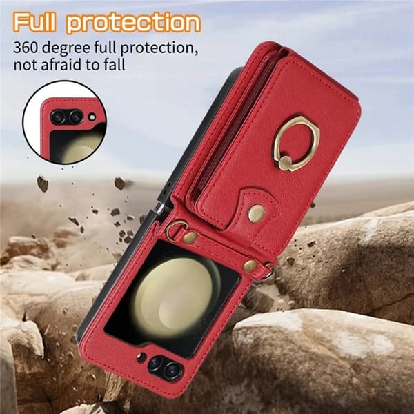 Galaxy Z Flip7 Plånboksfodral Ring Kickstand med Lång rem - Röd Röd