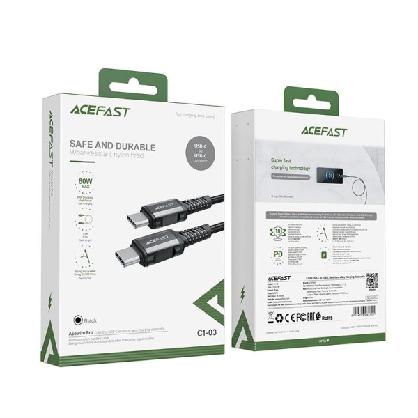 Acefast USB-C till USB-C 60W 1.2m - Grå