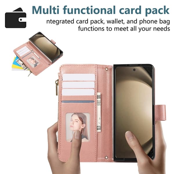 Galaxy Z Fold 7 Plånboksfodral Multi Zipper Läder - Roséguld Roséguld