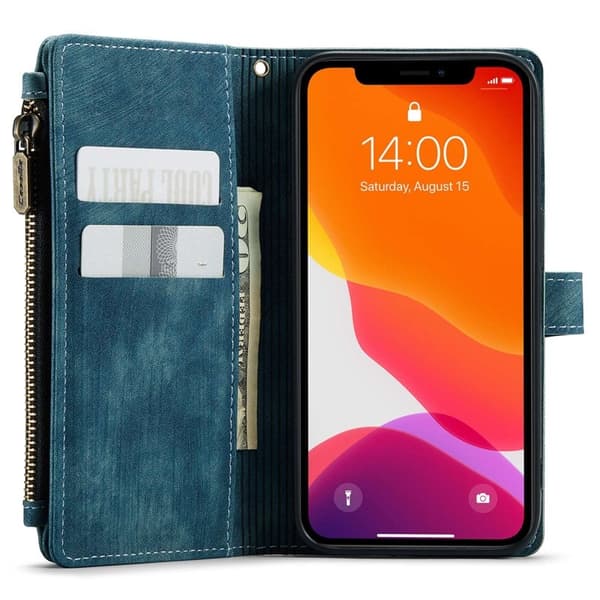 CASEME Konstläder Plånboksfodral för iPhone 12/12 Pro med rem - Blå