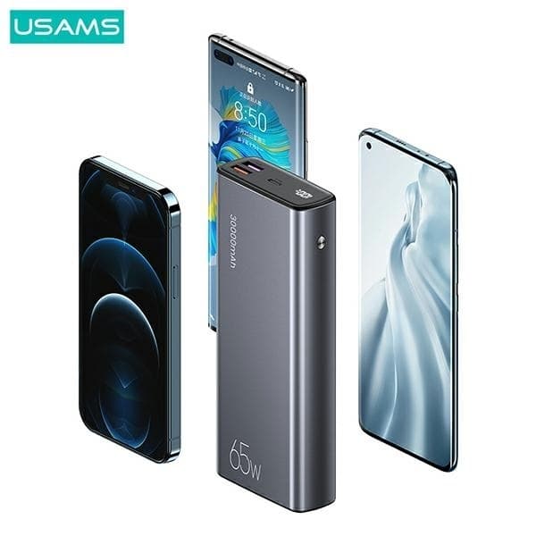 USAMS Powerbank 30000mAh 65W 2xUSB-A 1xUSB-C Med USB-C Kabel Svart