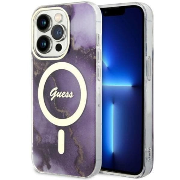Guess iPhone 14 Pro Mobilskal MagSafe Guld Marble - Lilla Lila