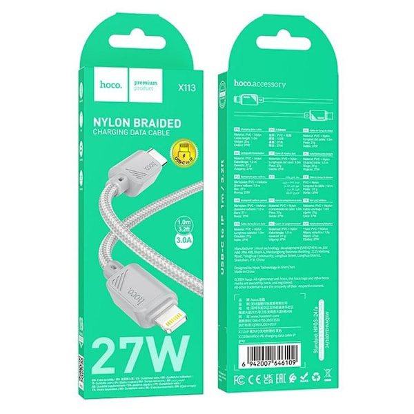 HOCO USB-C till Lightning Kabel 27W 1m X113 - Grå Grå