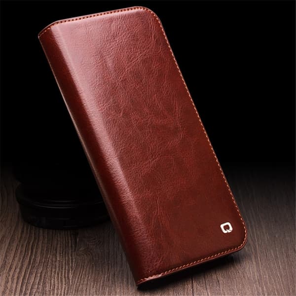 QIALINO iPhone 15 Pro Plånboksfodral Äkta Läder Shockproof Brun