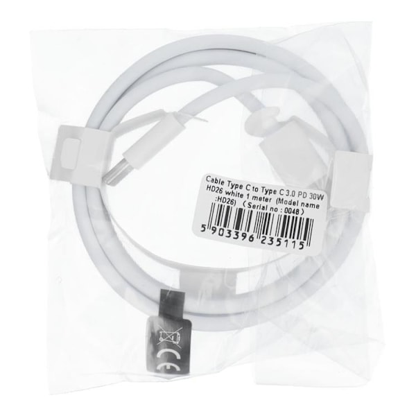 USB-C till USB-C kabel 1m 30W HD26- Vit Vit